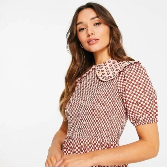 ASOS Neon Rose Floral Gingham Peter Pan Collar Midi Dress 🌼 - Picture 2 of 13